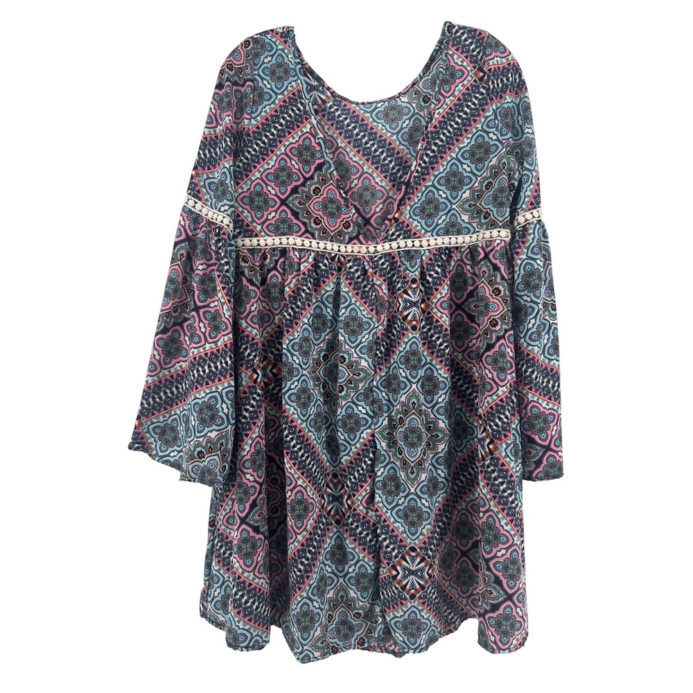 Altar'd State Womens Blue Pink Geometric Bell Sleeve Boho Mini Dress M Festival - Picture 3 of 11